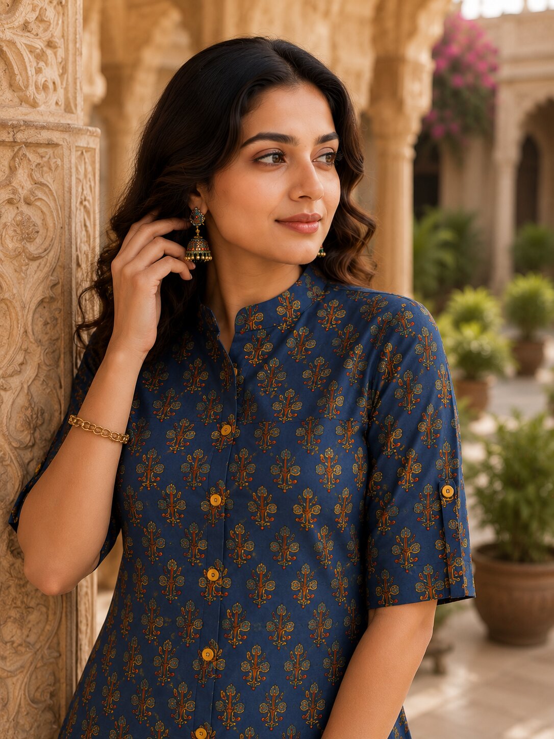 Minu Fashions Ayesha Ajrakh Floral Print Pure Cotton Straight Tunic Short Top for Women