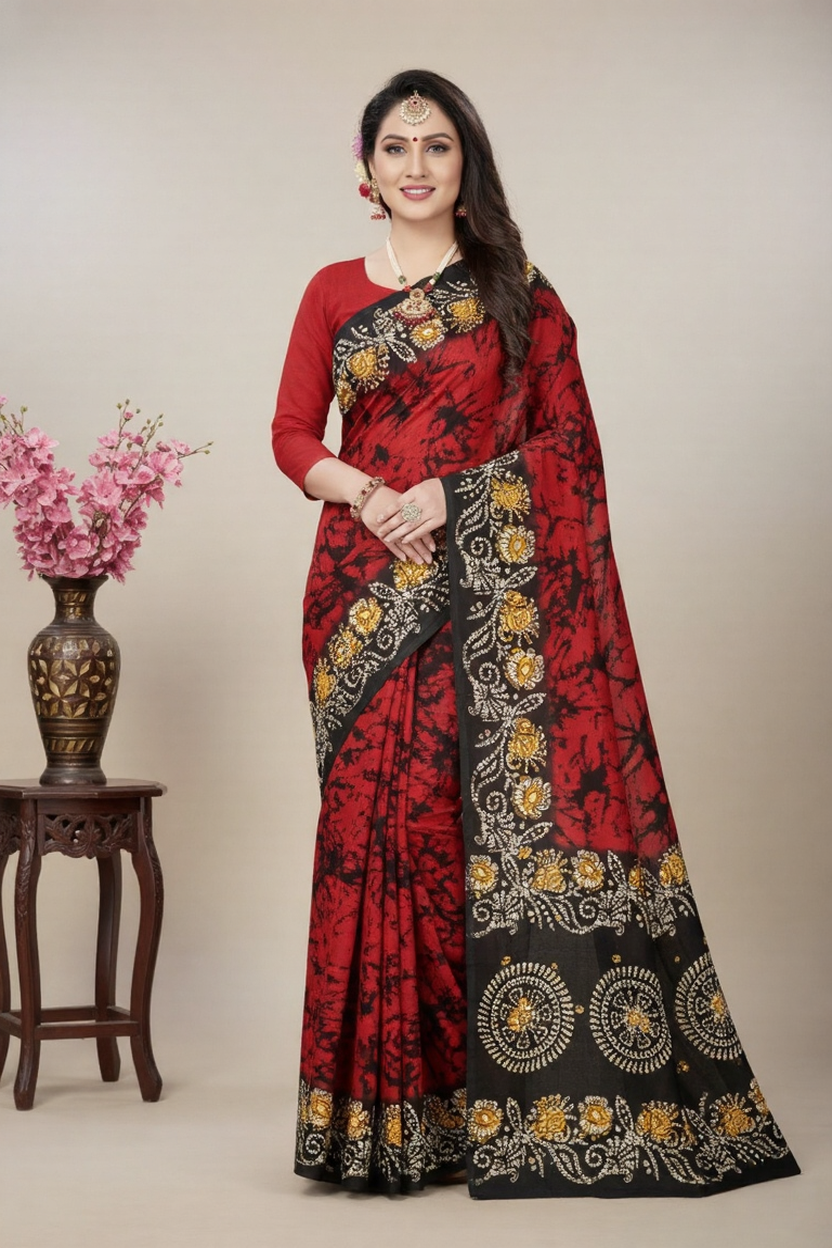Kacha Badam Batik Cotton Printed Saree 3810