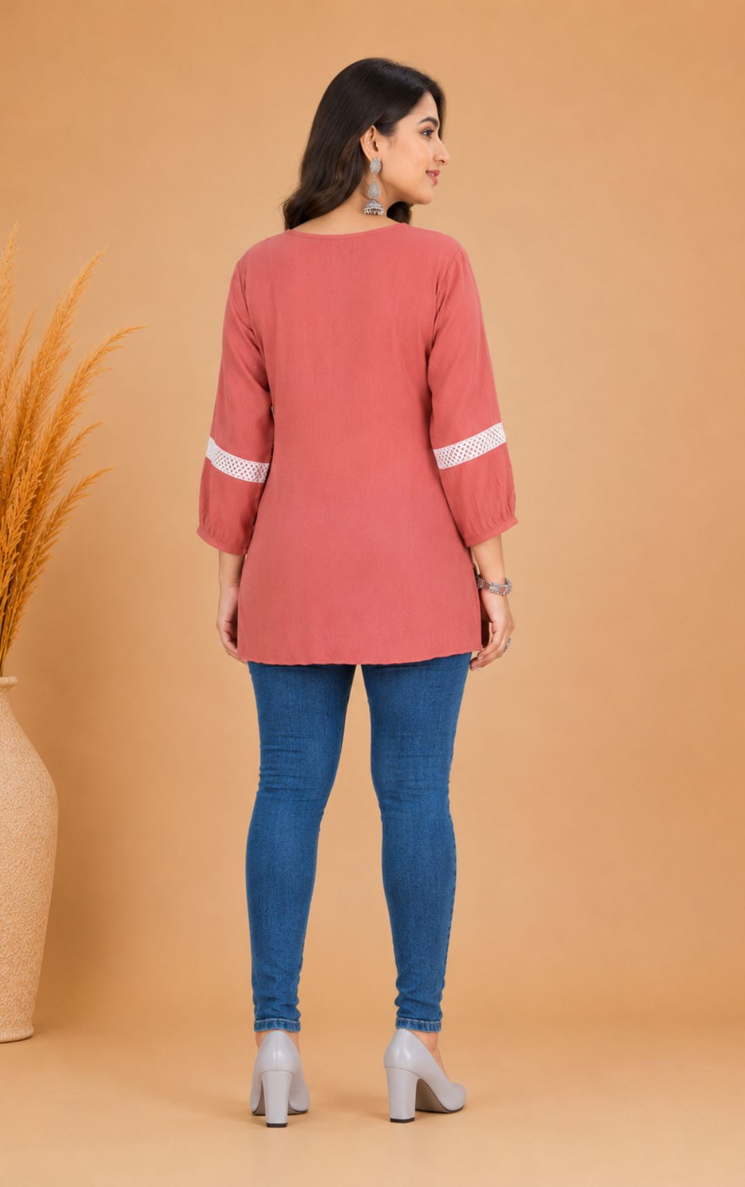 Casual Regular 3/4 Sleeve Coral Women Kurti