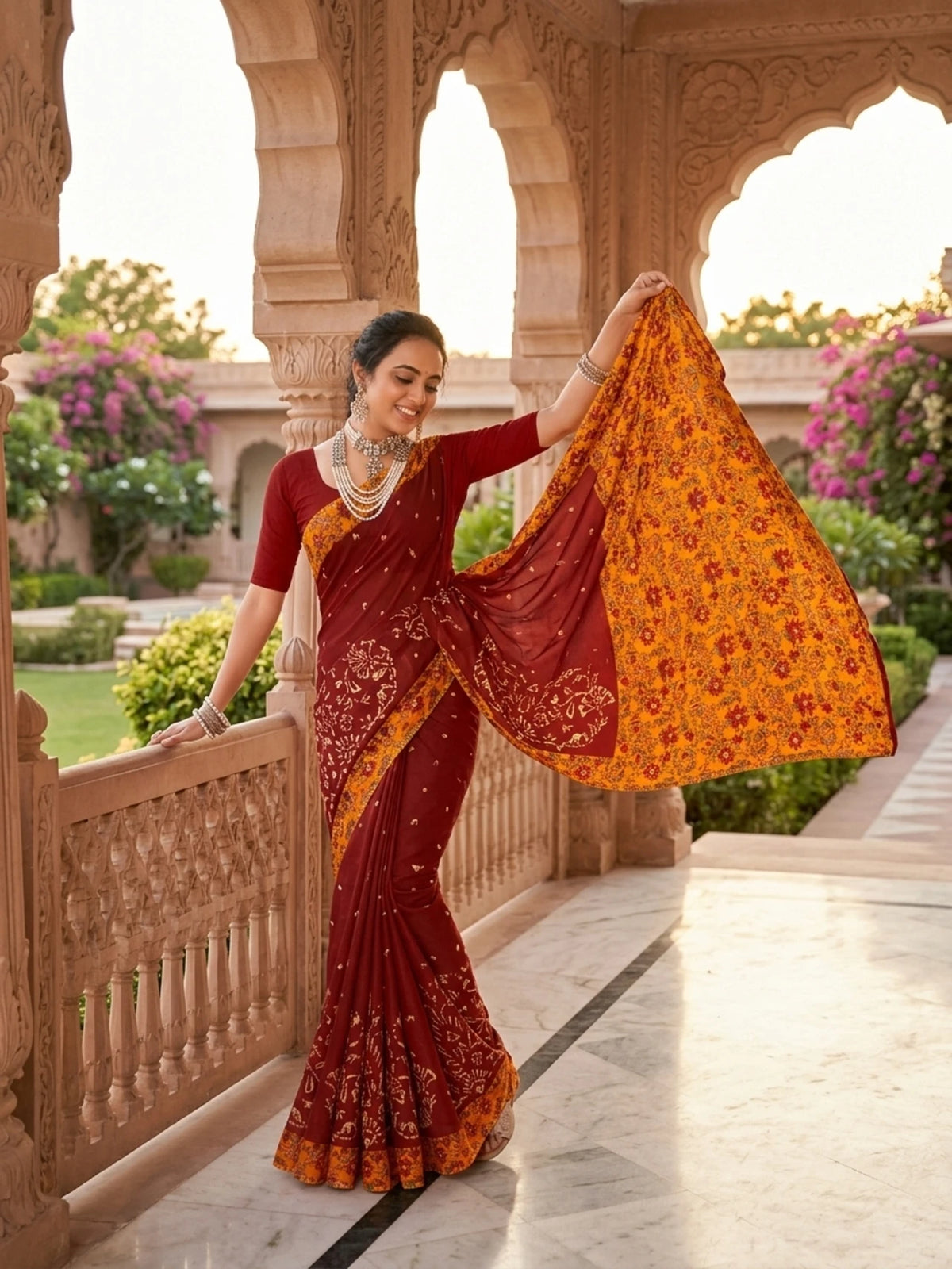 Minu fashions Printed Daily Wear Cotton Blend Saree (Maroon)