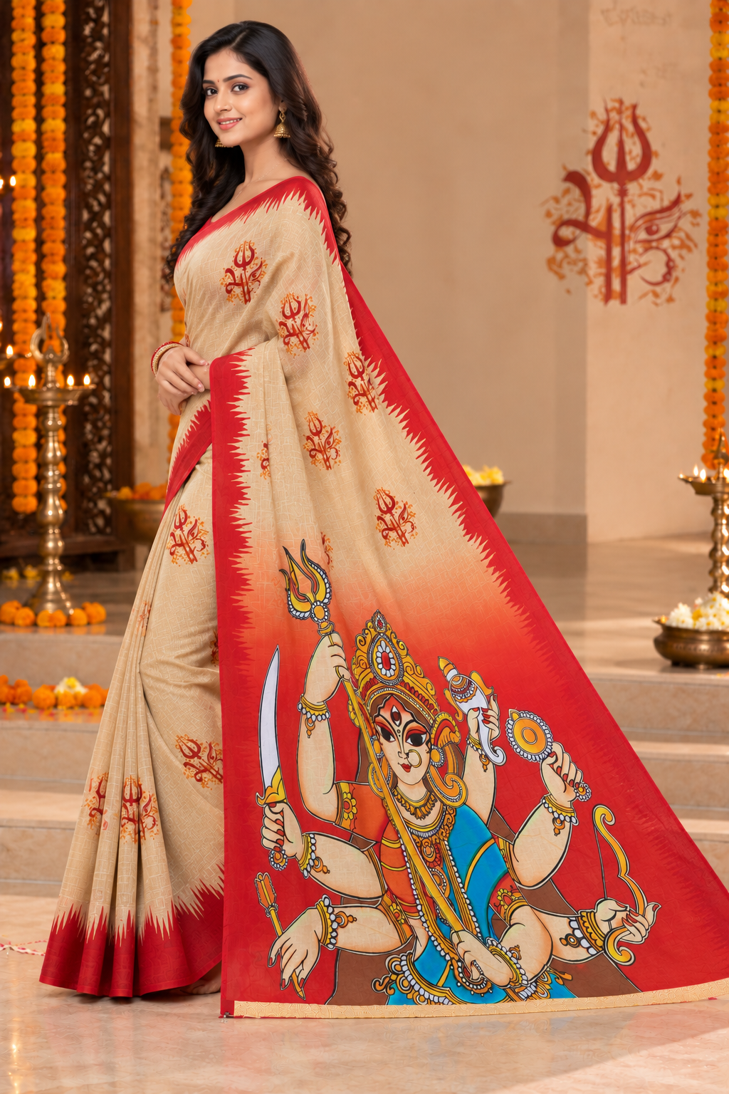 Minu | Puja Special Women Multicolor Printed Saree with Goddess Durga Print & Red Border
