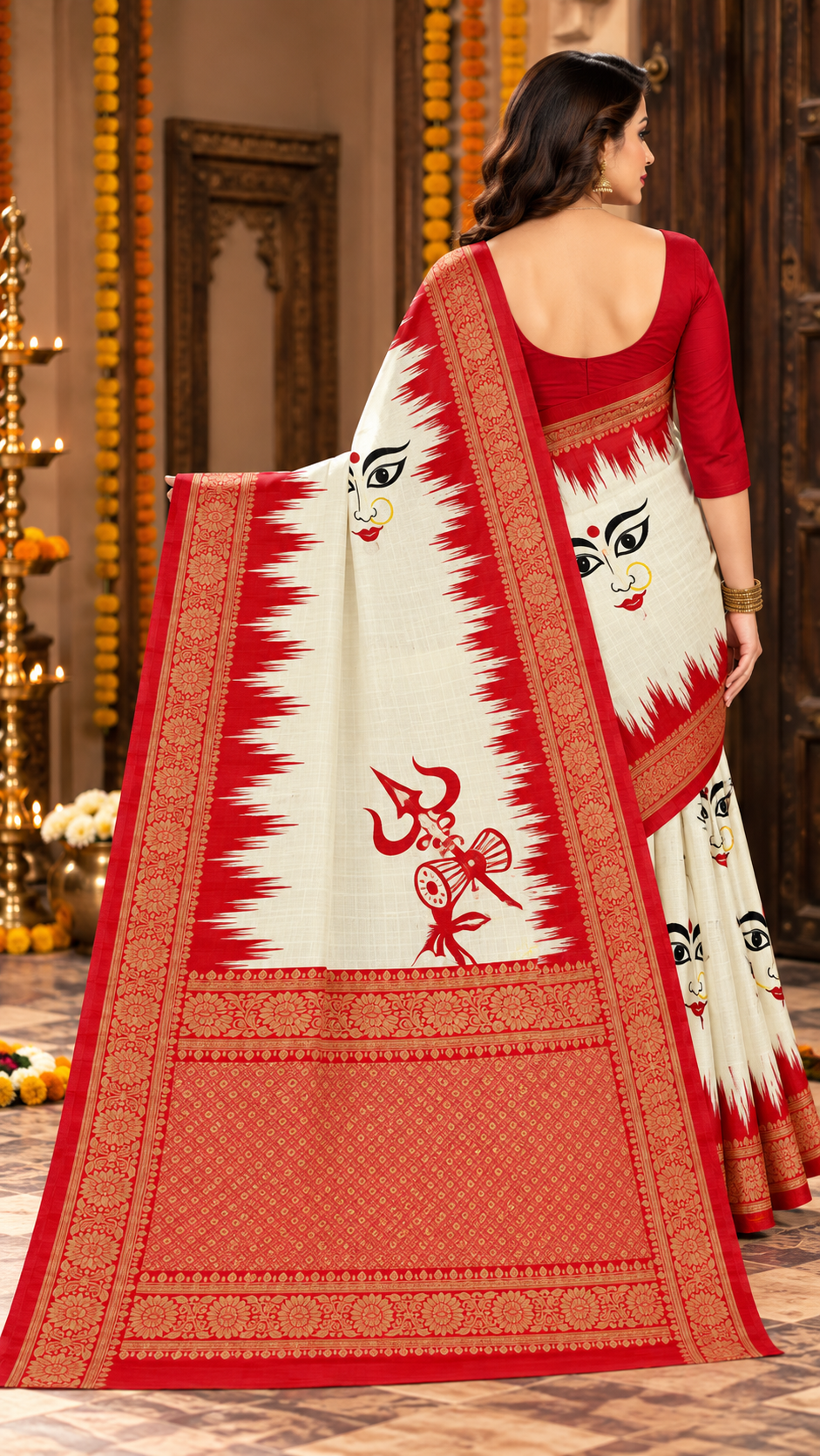 Minu | Women Durga Puja Special Multicolor Malai Cotton Folk Art Printed Saree