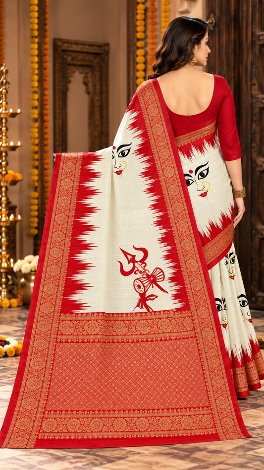 Minu | Women Durga Puja Special Multicolor Malai Cotton Folk Art Printed Saree