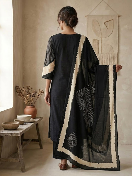 Himanshi Women Black Pure Cotton Straight Kurta Set with Palazzo & Dupatta | Ank