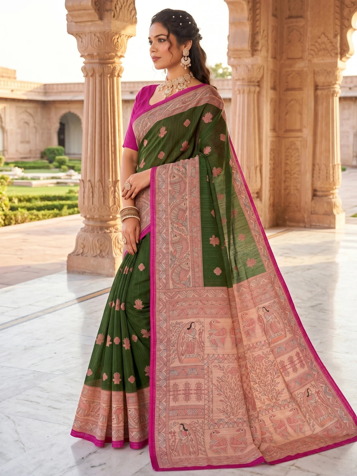 Minu fashions Printed Daily Wear Pure Cotton Saree (Green)