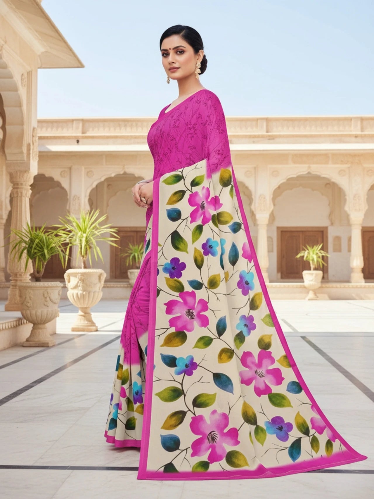 Minu fashions Printed Daily Wear Pure Cotton Saree (Pink)