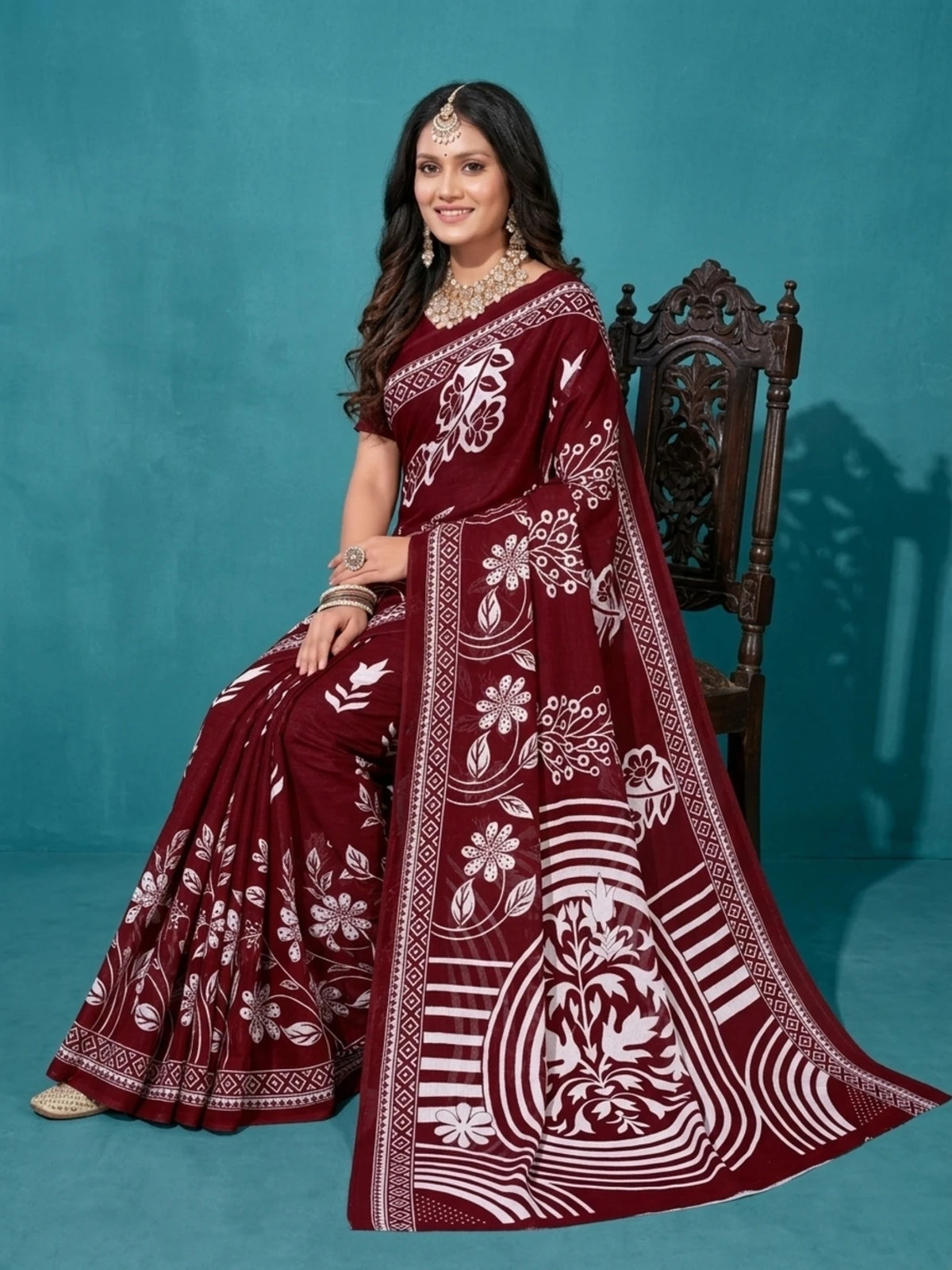 Minu fashions Printed Daily Wear Pure Cotton Saree (Maroon)