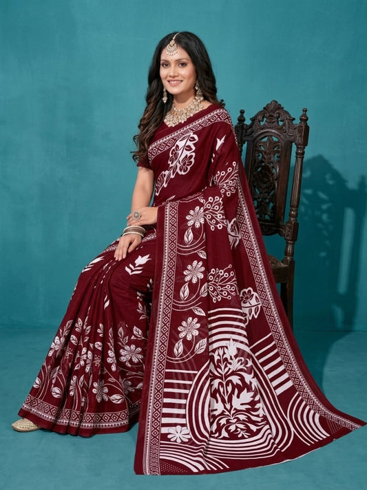 Minu fashions Printed Daily Wear Pure Cotton Saree (Maroon)