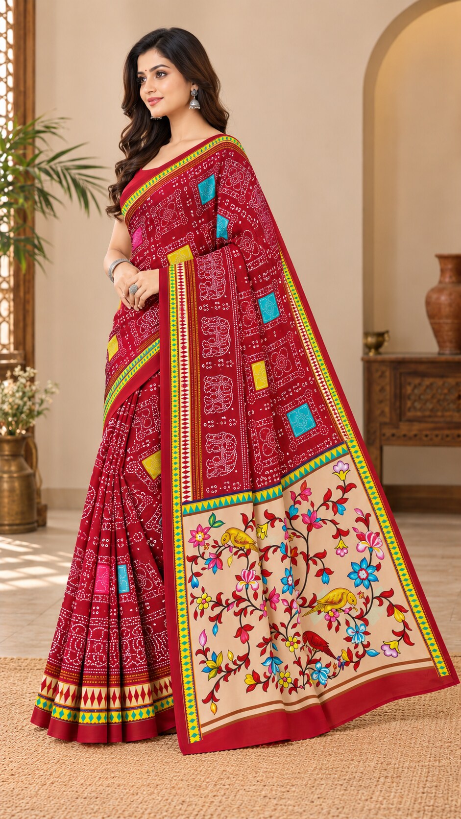 Minu | Women’s Multicolour Malai Cotton Folk-Art Madhubani Printed Saree with Contrast Border
