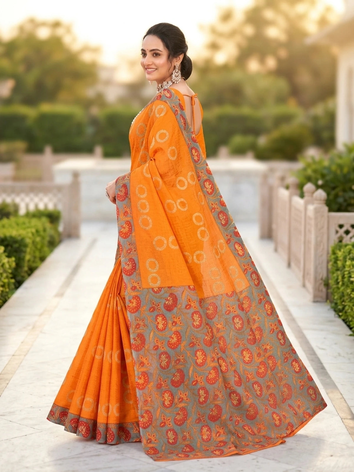Minu fashions Printed Daily Wear Cotton Blend Saree (Orenge)