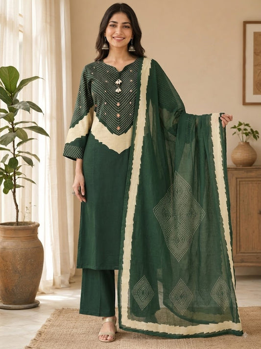 Himanshi Women Green Pure Cotton Straight Kurta Set with Palazzo & Dupatta | Ank
