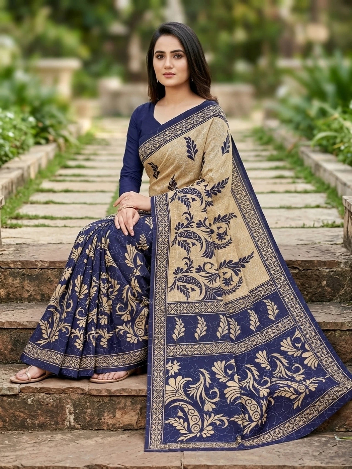 Minu fashions Printed Daily Wear Pure Cotton Saree (Blue)