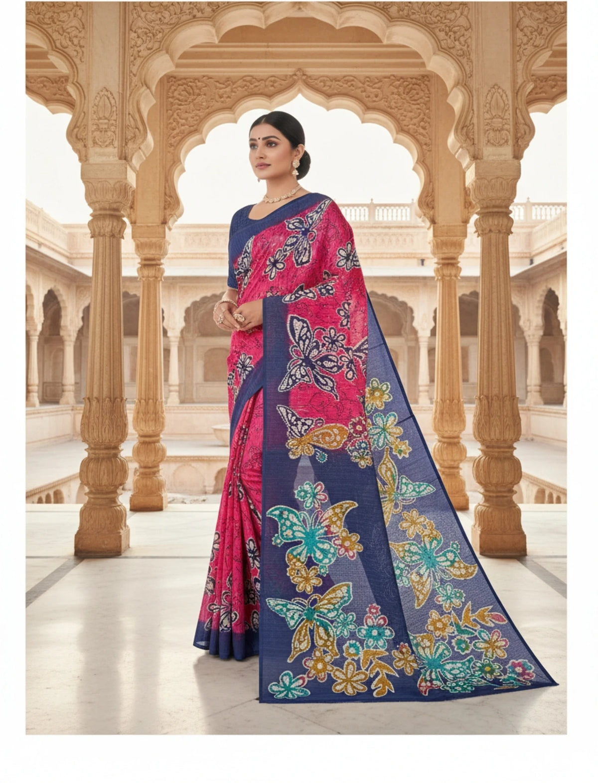 Minu fashions Printed Daily Wear Pure Cotton Saree (Pink)
