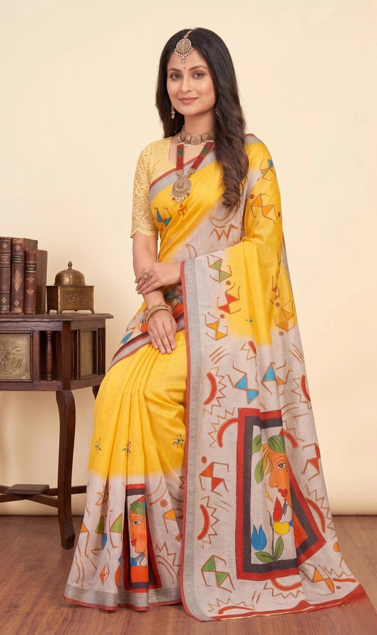 Minu fashions Printed Daily Wear Pure Cotton Saree (Yellow)