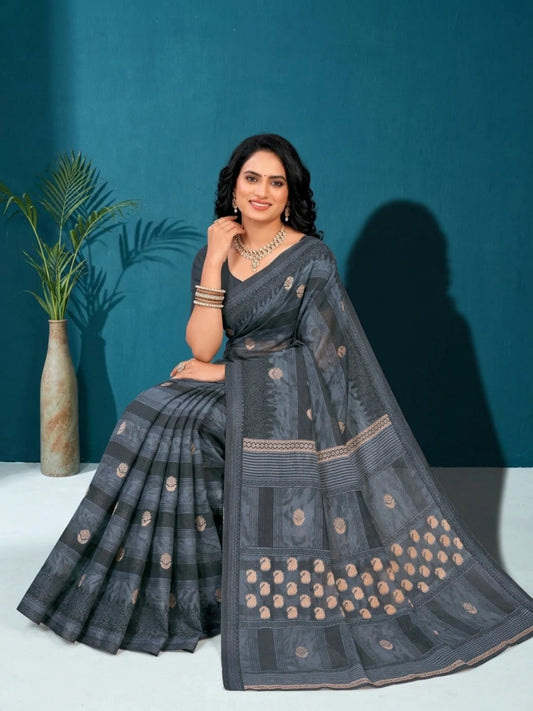 Minu fashions Printed Daily Wear Pure Cotton Saree (Grey)