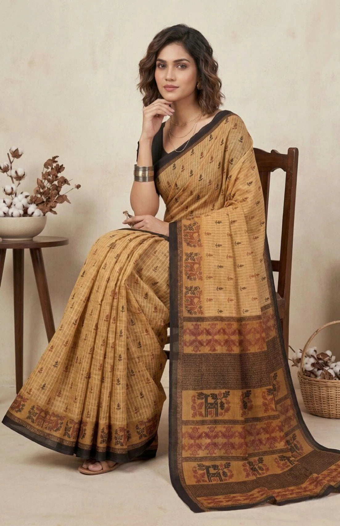 Minu fashions Printed Daily Wear Pure Cotton Saree (Beige)