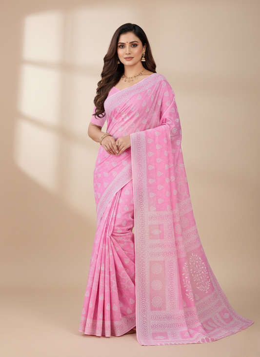 MINU SAREE PESTAL MAGIC Pink Cotton Printed Saree
