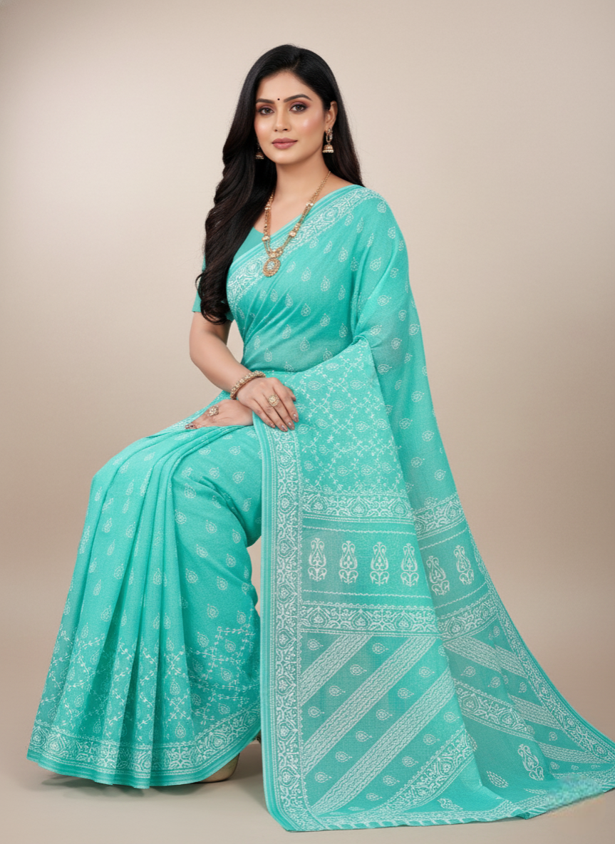 MINU SAREE PESTAL MAGIC Sea Green Cotton Printed Saree