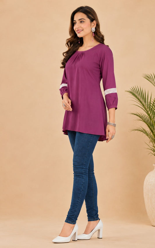 Magenta Purple Pleated Neck Tunic | Regular Fit Casual Top (Short Kurti)