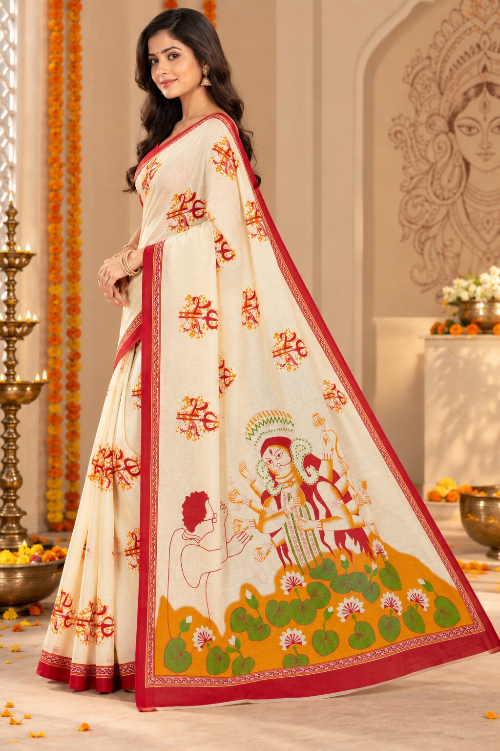 Minu | Women Durga Puja Special Saree White Malai Cotton Folk Art Printed with Red Border