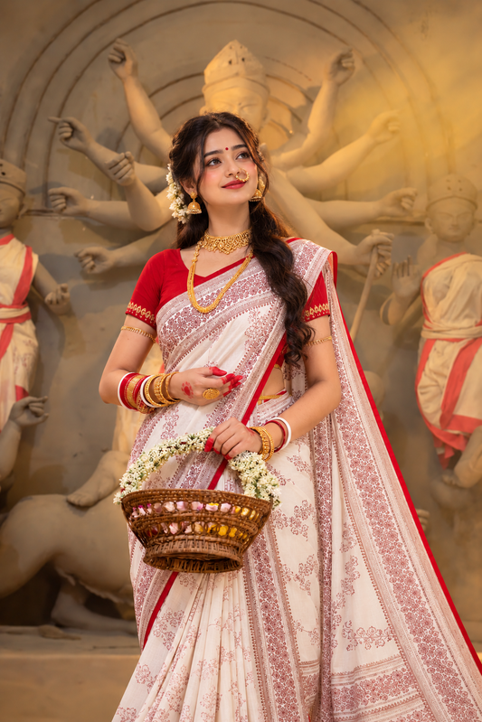 White & Red Bengali Saree for Durga Puja | Traditional Ethnic Motif Saree with Red Border