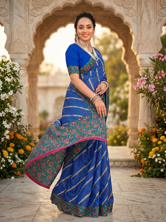 Minu fashions Printed Daily Wear Cotton Blend Saree (Blue)