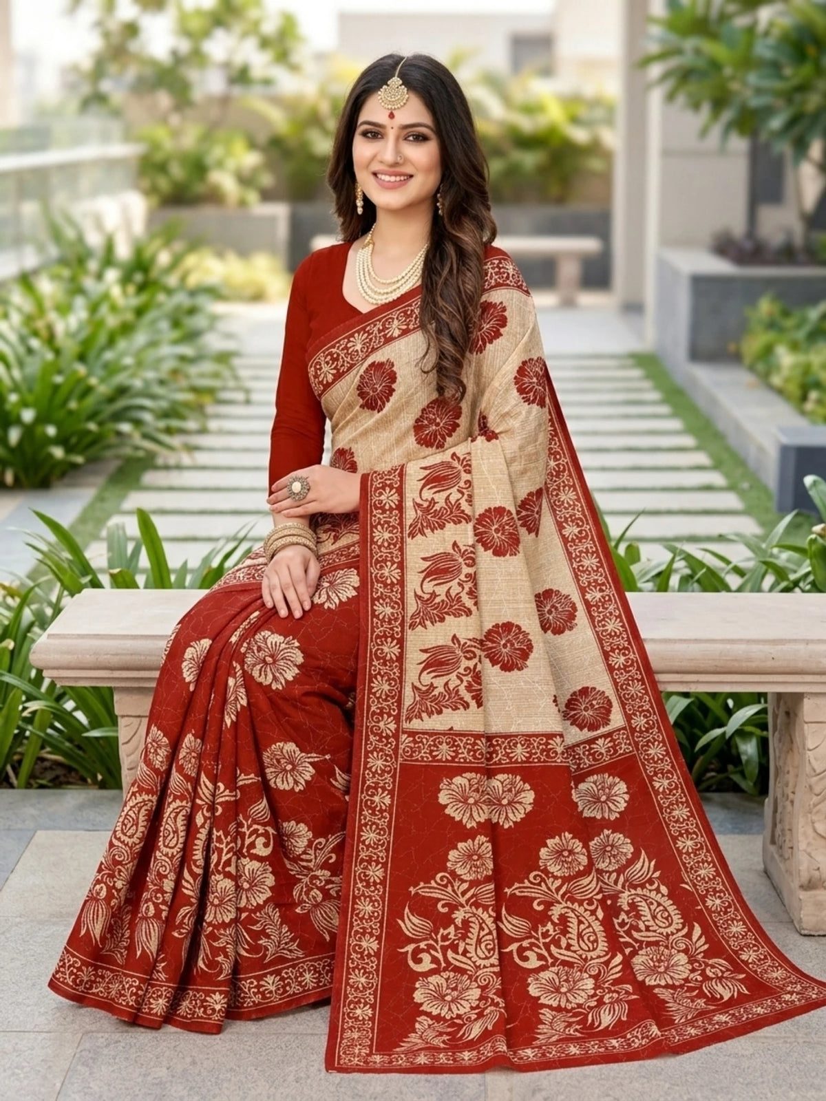 Minu fashions Printed Daily Wear Pure Cotton Saree (Red)