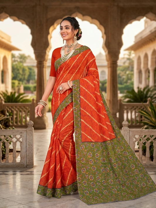 Minu fashions Printed Daily Wear Cotton Blend Saree (Orange)