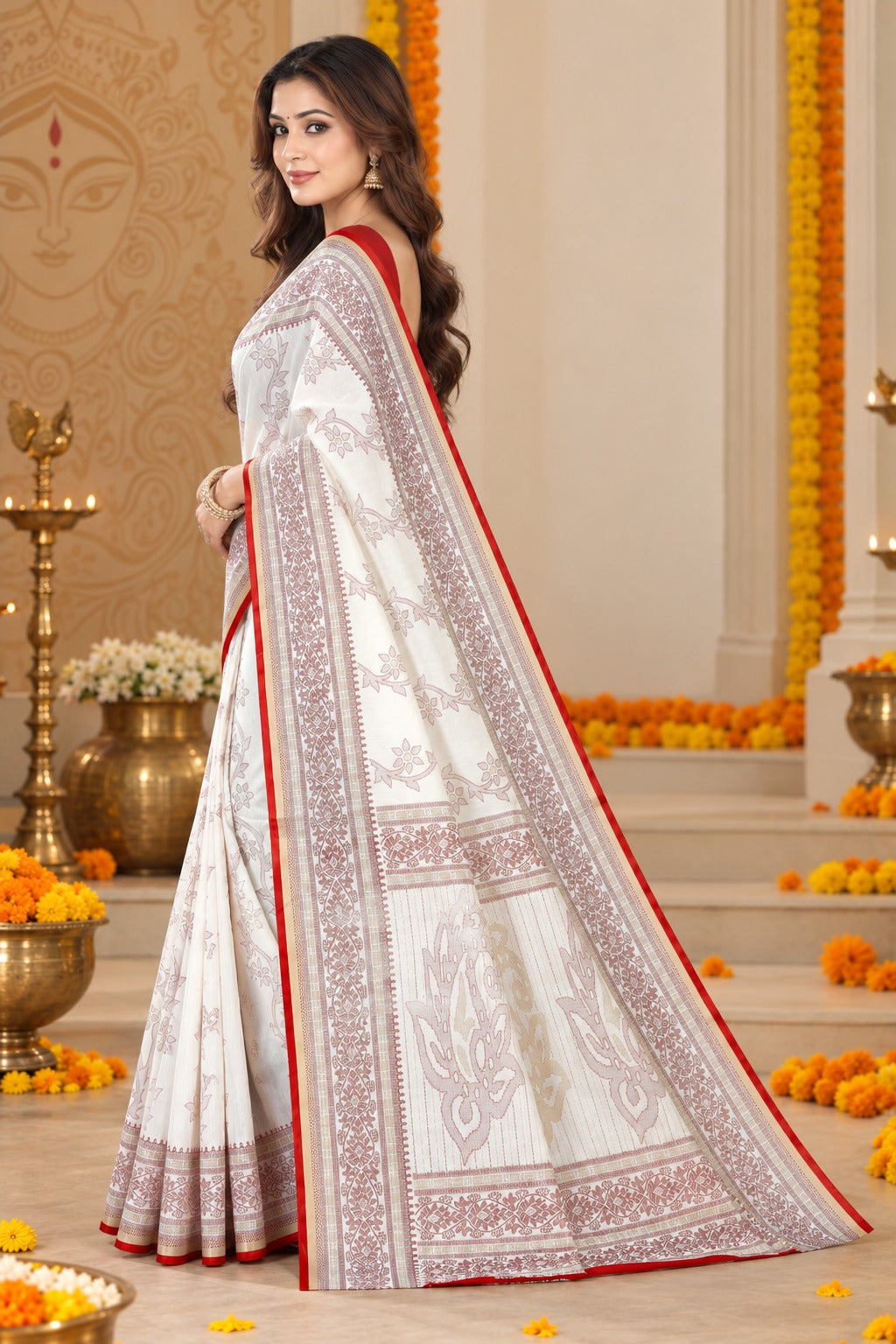 White & Red Bengali Saree for Durga Puja | Traditional Ethnic Motif Saree with Red Border