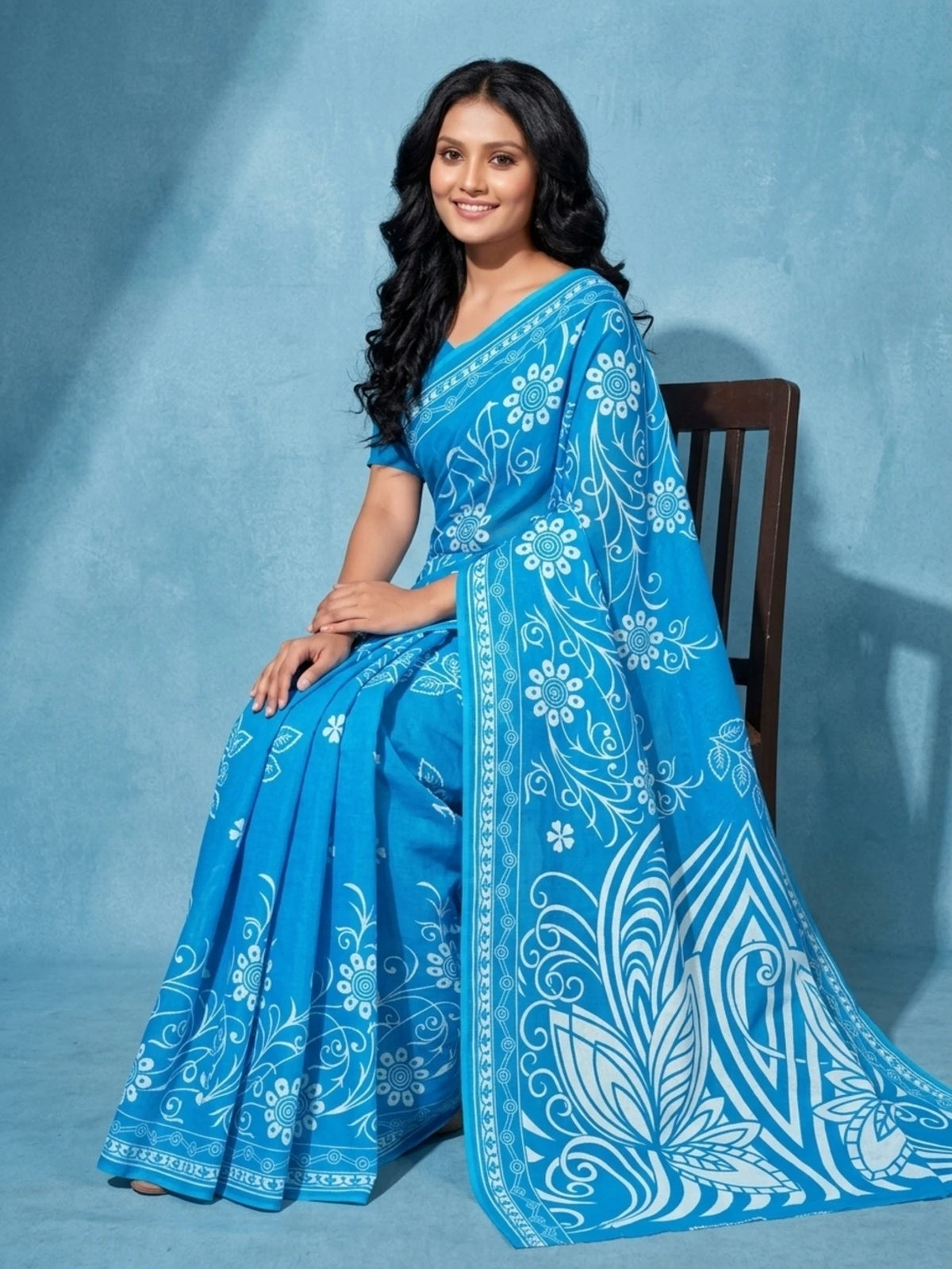 Minu fashions Printed Daily Wear Pure Cotton Saree (Blue)