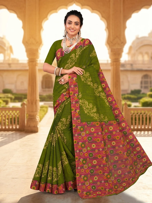 Minu fashions Printed Daily Wear Cotton Blend Saree (Green)