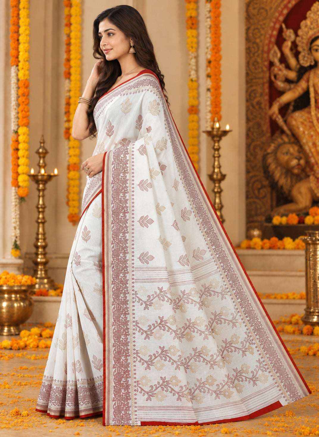 Red & White Floral Bengali Saree for Durga Puja | Traditional Festive Saree with Elegant Motifs