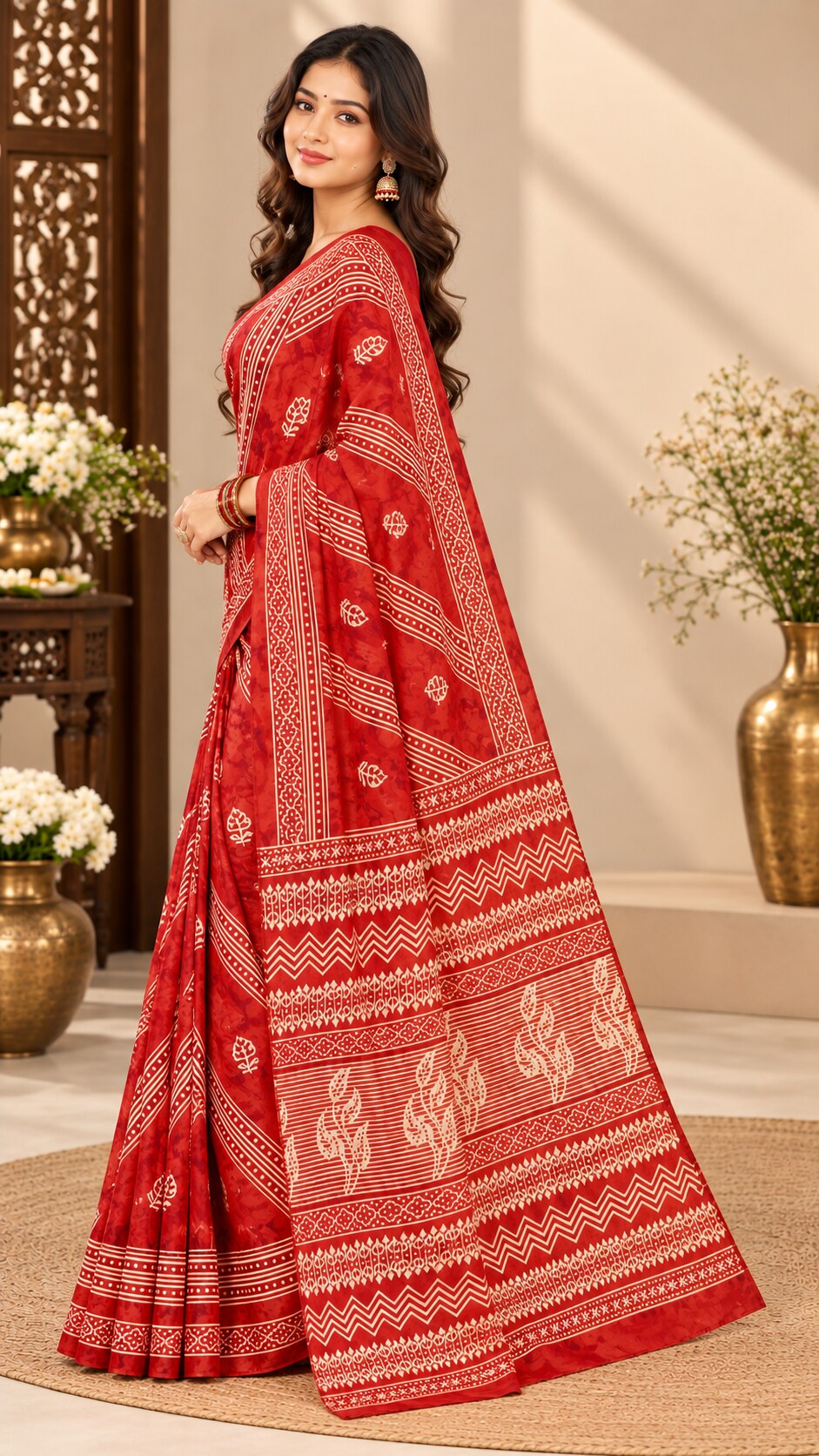 MINU | Red Traditional Printed Saree with Intricate Border & Pallu