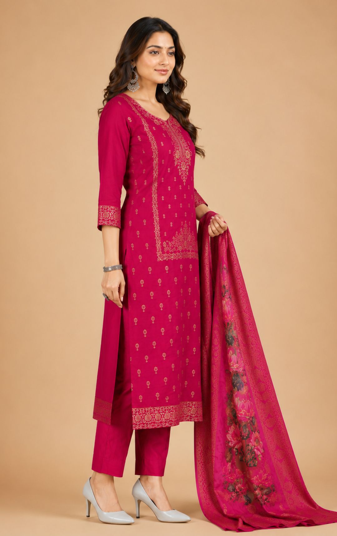 Celebrity Women Chanderi Zari Work Kurta with Round Neck, Three-Quarter Sleeves, Salwar with Elasticated Waistband & Floral Printed Dupatta Set | Ank