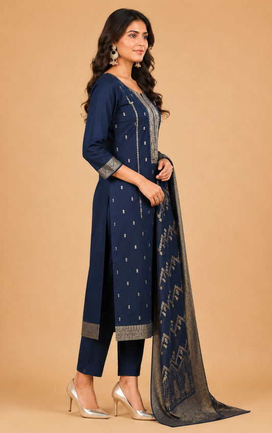 Women's Navy Blue Pure Cotton Woven Design Kurta with Trousers & Dupatta