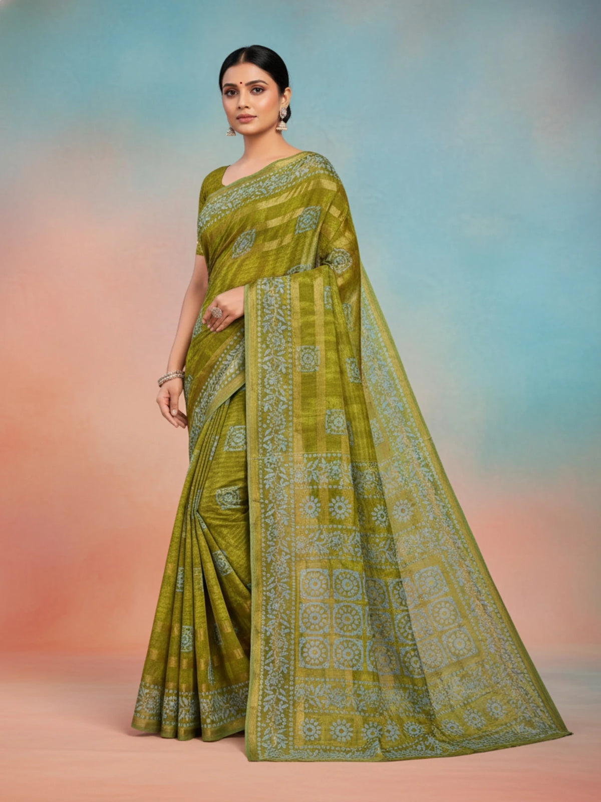 Minu fashions Printed Daily Wear Pure Cotton Saree ( Forest Green )