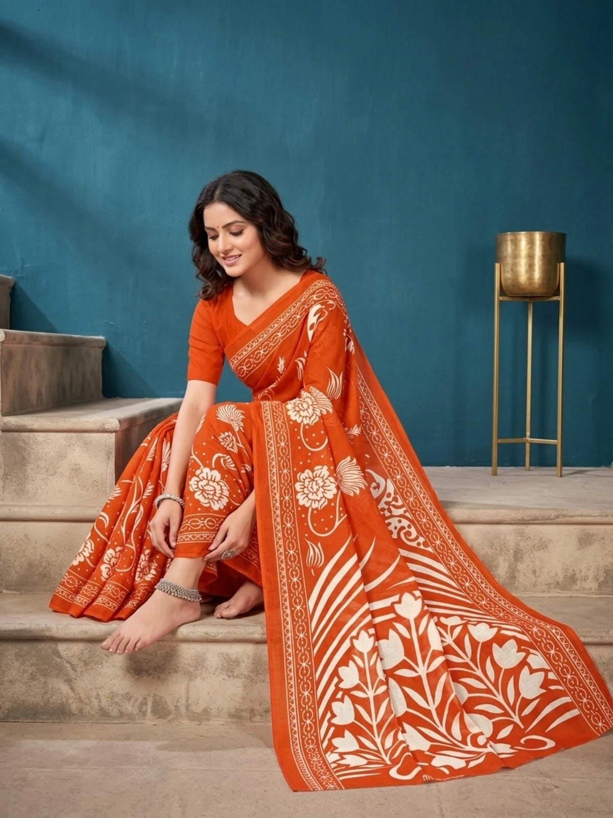 Minu fashions Printed Daily Wear Pure Cotton Saree (Orange)