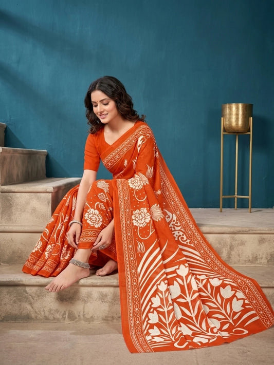 Minu fashions Printed Daily Wear Pure Cotton Saree (Orange)
