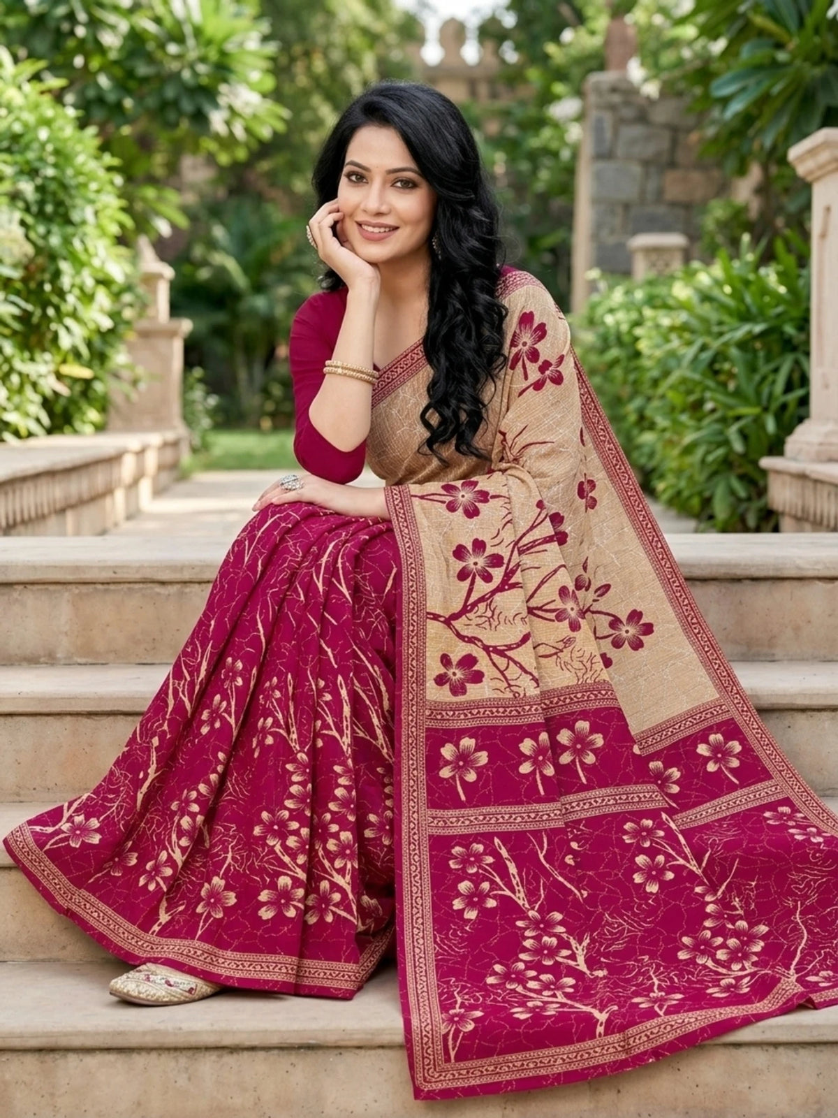 Minu fashions Printed Daily Wear Pure Cotton Saree (Pink)
