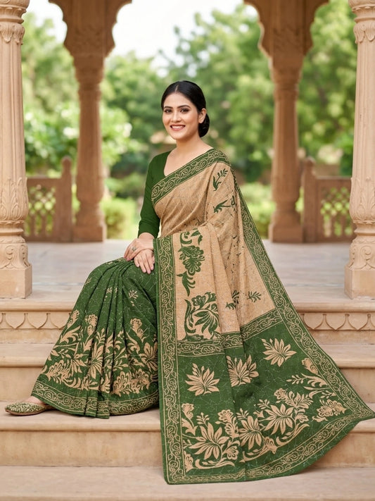 Minu fashions Printed Daily Wear Pure Cotton Saree (Green)