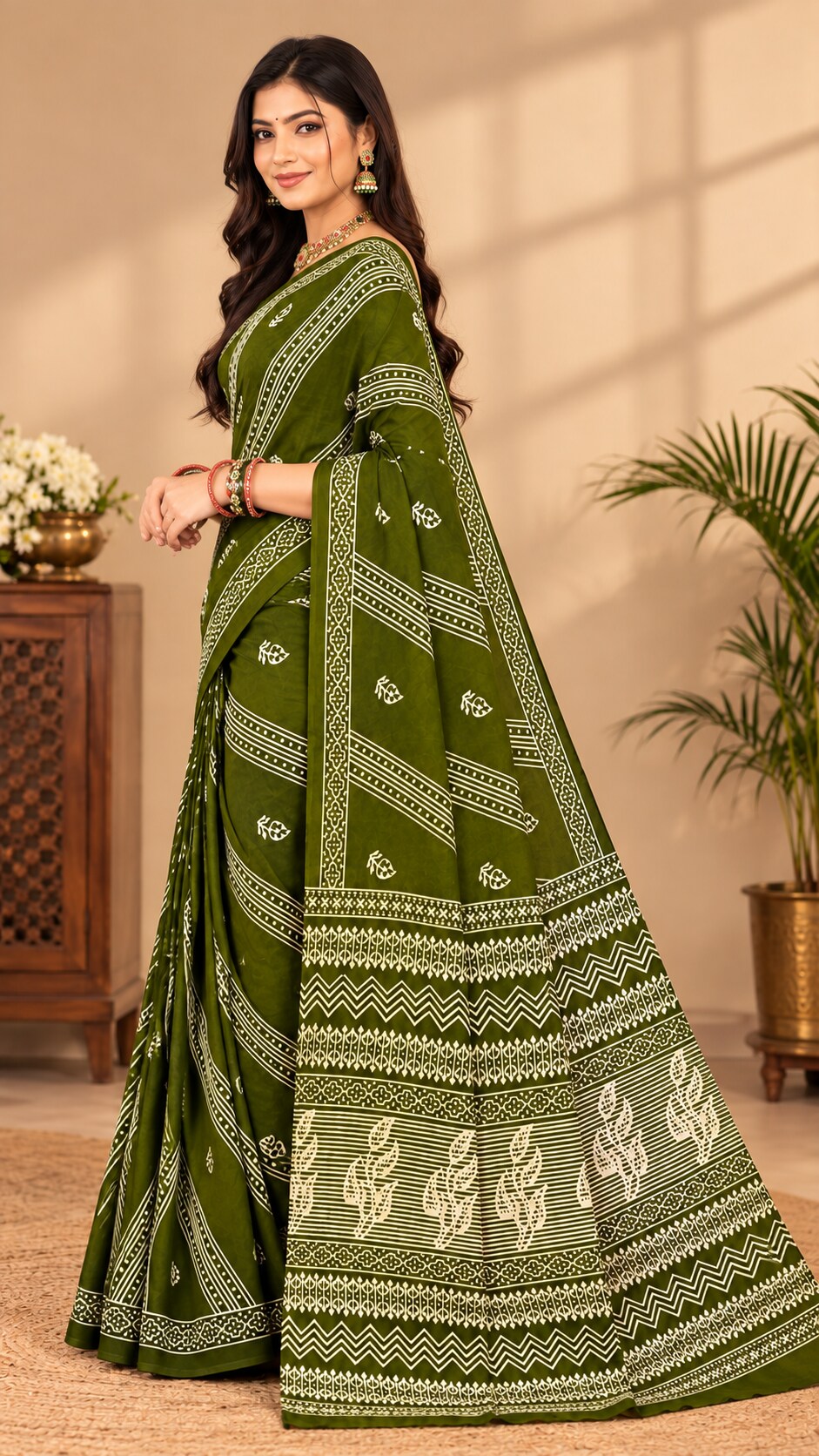 MINU | Women Olive Green Printed Saree with Matching Blouse Piece