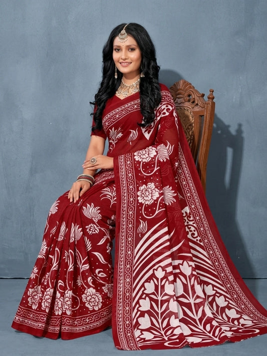 Minu fashions Printed Daily Wear Pure Cotton Saree (Red)
