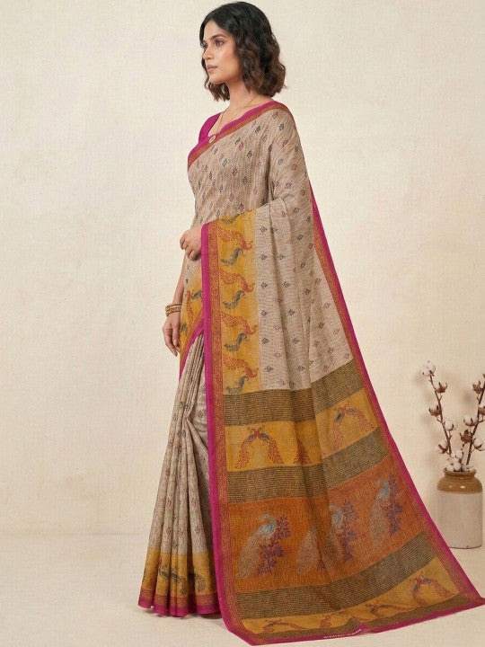 Minu fashions Printed Daily Wear Pure Cotton Saree (Cream)