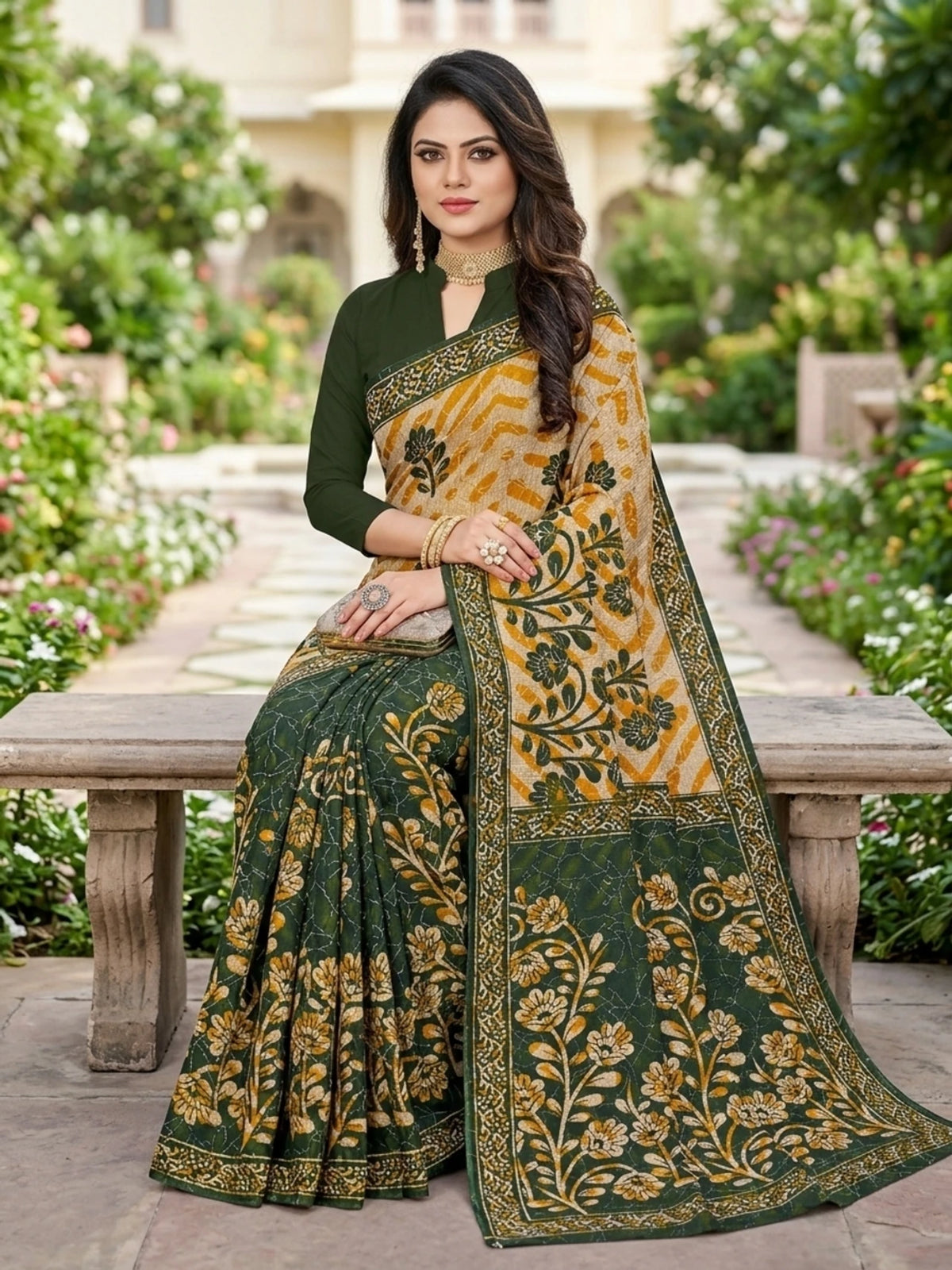 Minu fashions Printed Daily Wear Pure Cotton Saree (Green)