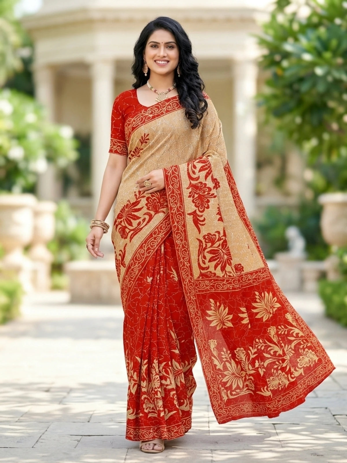 Minu fashions Printed Daily Wear Pure Cotton Saree (Red)