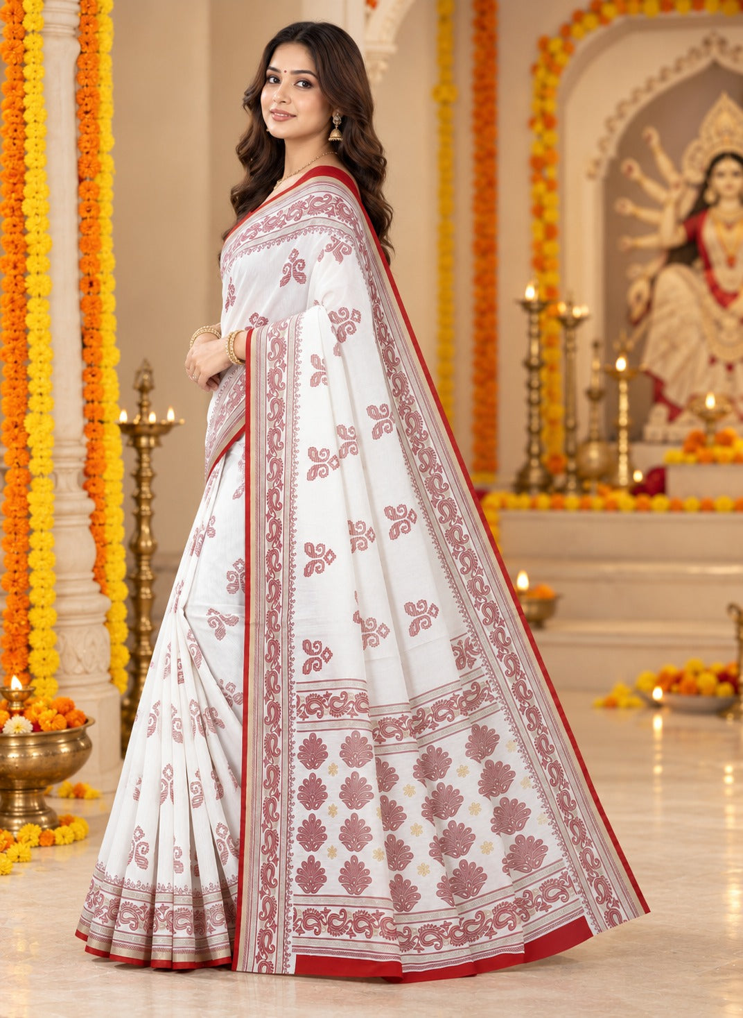 Red & White Bengali Saree for Durga Puja | Traditional Buti Motif Saree with Statement Border