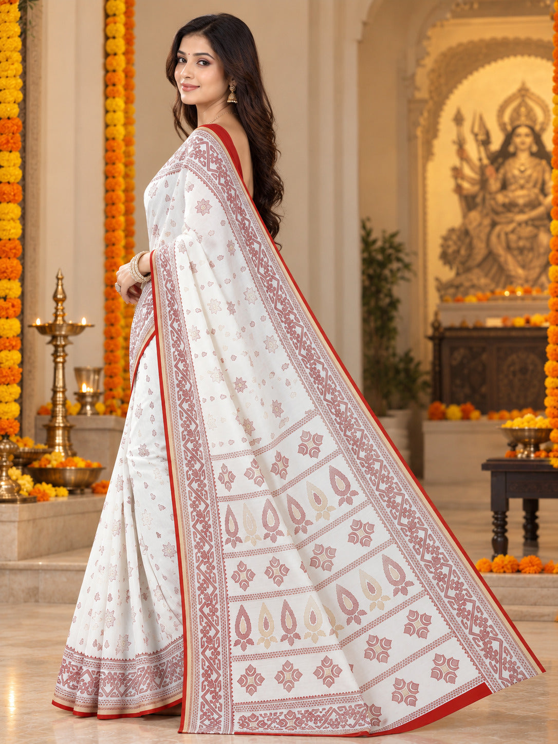 Red & White Bengali Saree for Durga Puja | Traditional Festive Saree with Printed Motifs & Border