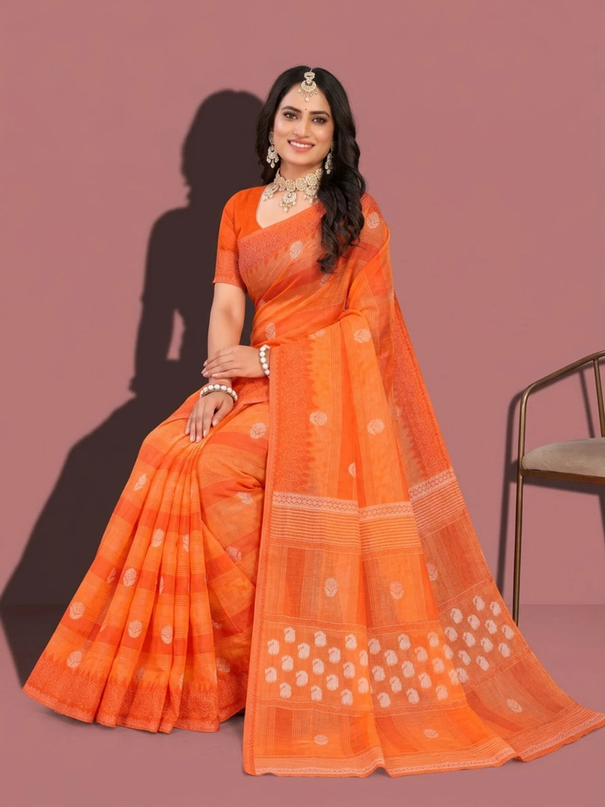 Minu fashions Printed Daily Wear Pure Cotton Saree (Orange)