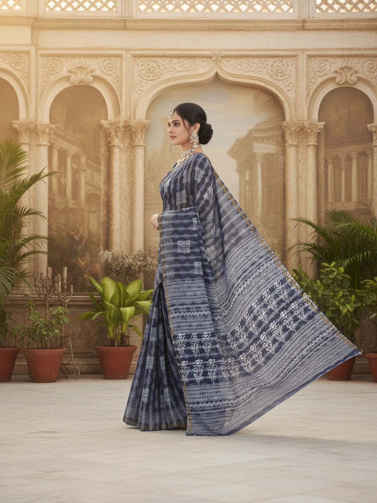 Minu fashions Printed Daily Wear Pure Cotton Saree (Blue)