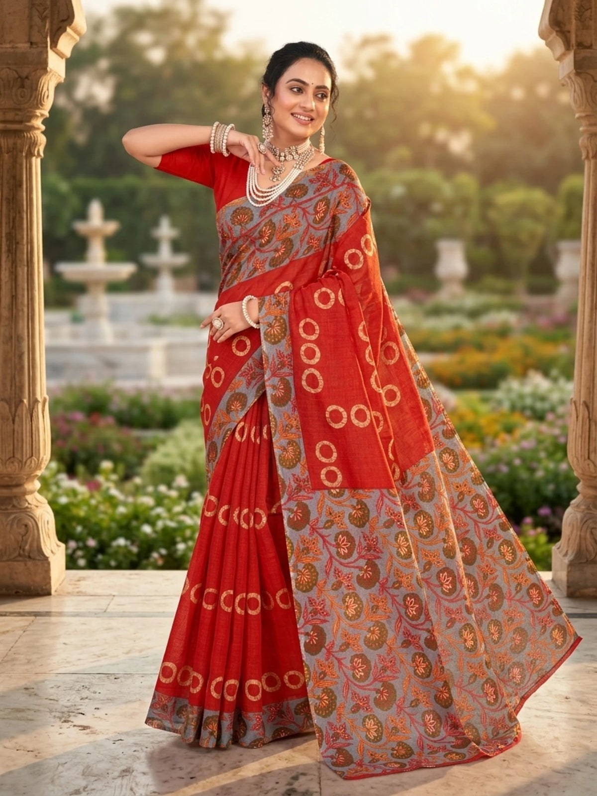Minu fashions Printed Daily Wear Cotton Blend Saree (Red)